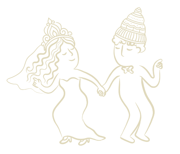 Line drawing of a bride and groom holding hands