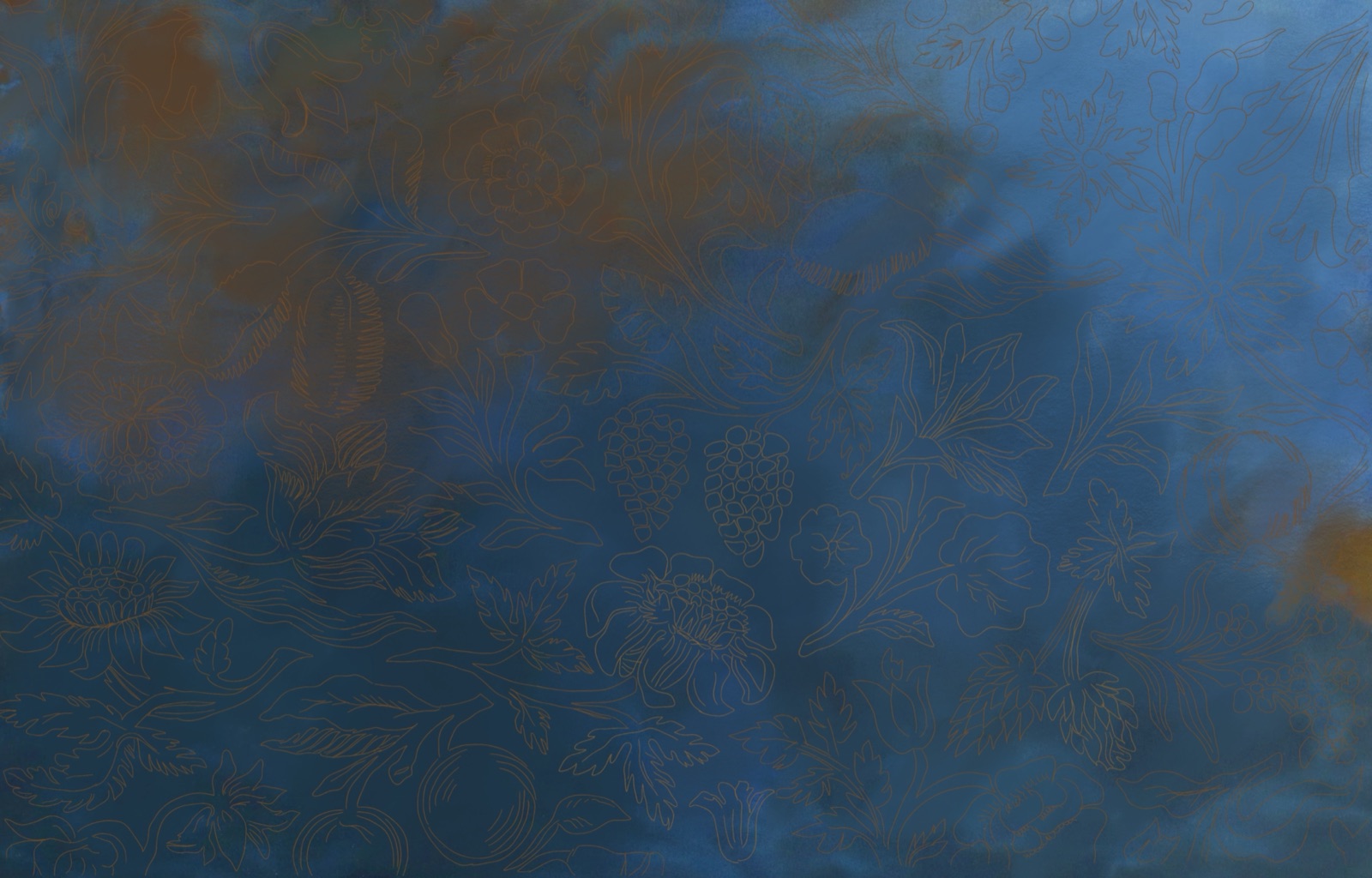 Botanical line drawing in copper on a deep blue ground